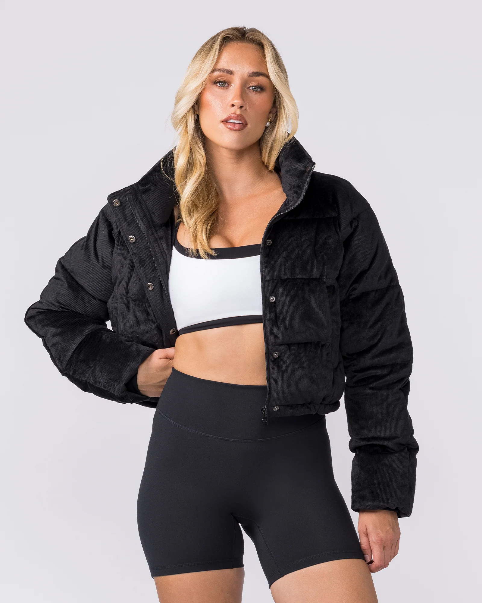 Cord Puffer Jacket - Black